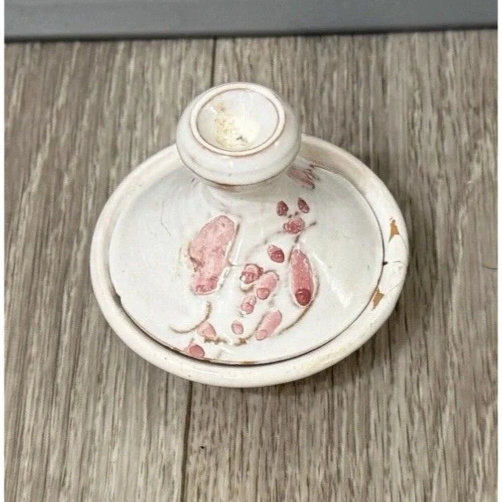 Vintage Small Clay Tagine White W/ Pink Flowers Handmade & Signed BROKEN - READ